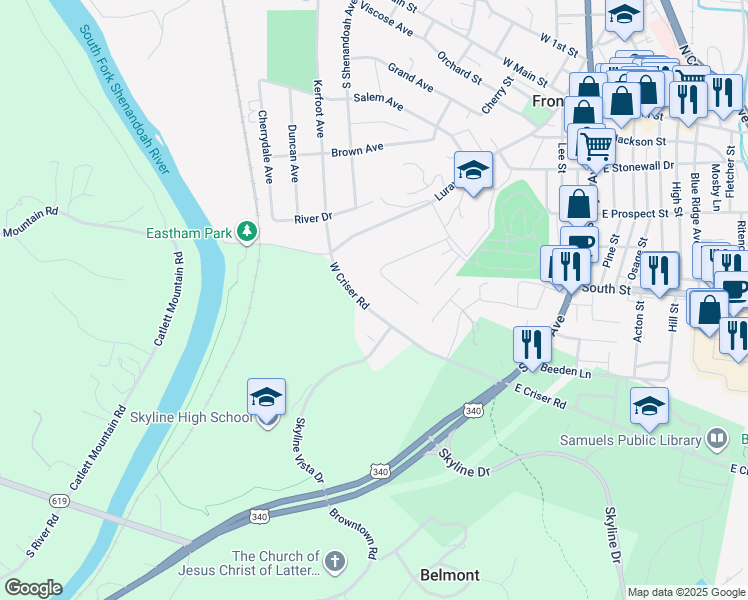map of restaurants, bars, coffee shops, grocery stores, and more near 240 West Criser Road in Front Royal