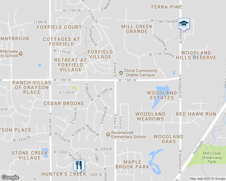 map of restaurants, bars, coffee shops, grocery stores, and more near 12011 South Redbud Lane in Olathe