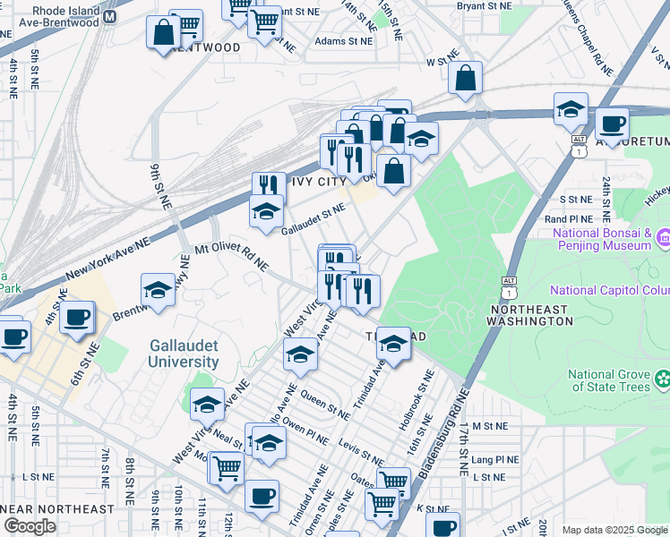 map of restaurants, bars, coffee shops, grocery stores, and more near 1845 Capitol Avenue Northeast in Washington