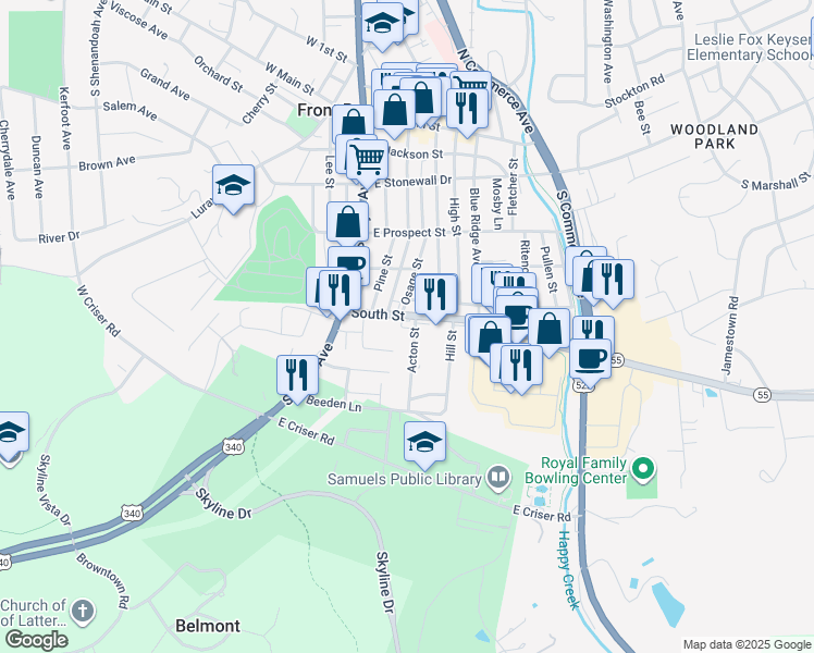 map of restaurants, bars, coffee shops, grocery stores, and more near 115 South Street in Front Royal