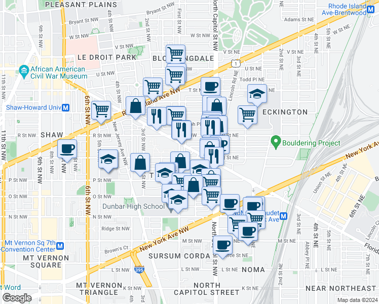 map of restaurants, bars, coffee shops, grocery stores, and more near 42 Florida Avenue Northwest in Washington