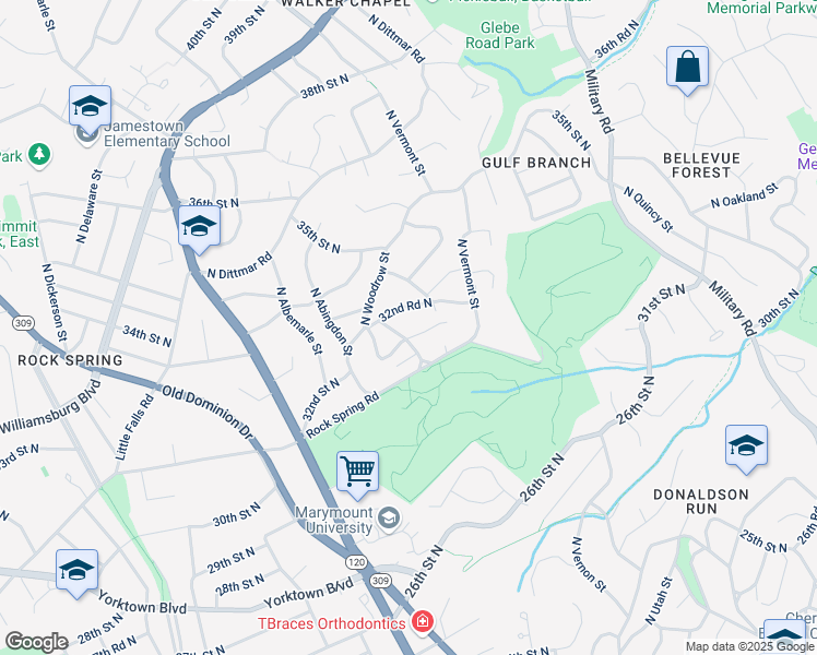 map of restaurants, bars, coffee shops, grocery stores, and more near 3201 North Wakefield Street in Arlington
