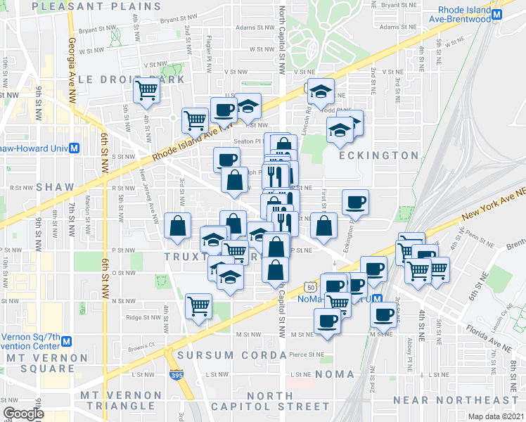 map of restaurants, bars, coffee shops, grocery stores, and more near 39 Florida Avenue Northwest in Washington