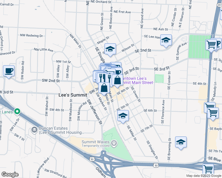map of restaurants, bars, coffee shops, grocery stores, and more near 321 Southeast Main Street in Lee's Summit