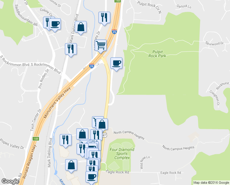 map of restaurants, bars, coffee shops, grocery stores, and more near 5715 North Nevada Avenue in Colorado Springs