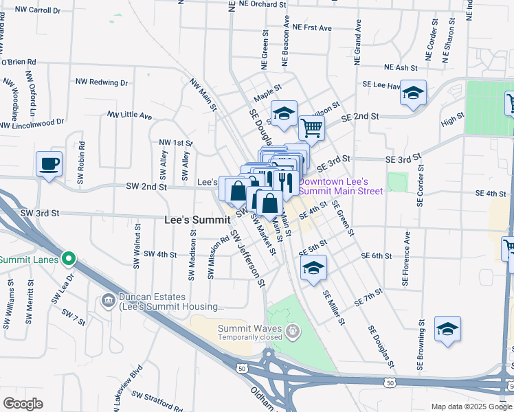 map of restaurants, bars, coffee shops, grocery stores, and more near 11 Southwest 3rd Street in Lee's Summit