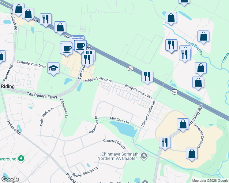 map of restaurants, bars, coffee shops, grocery stores, and more near 43977 Vaira Terrace in Chantilly
