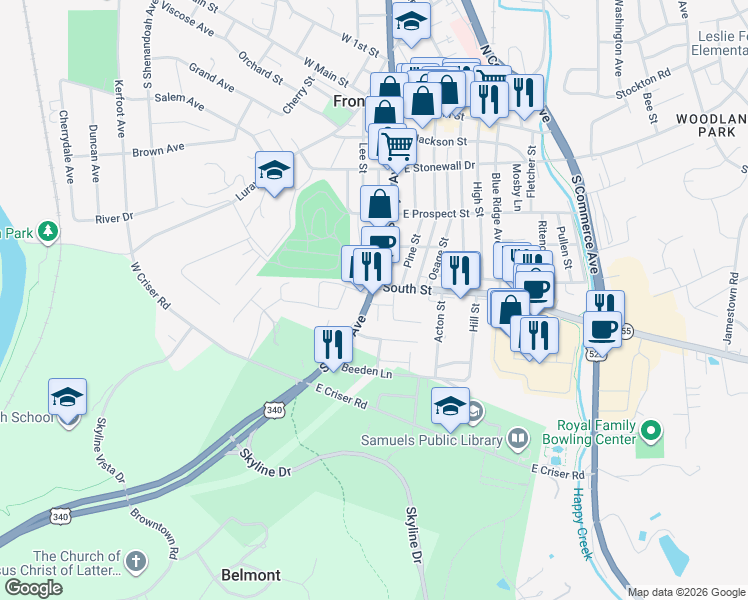map of restaurants, bars, coffee shops, grocery stores, and more near 510 South Royal Avenue in Front Royal