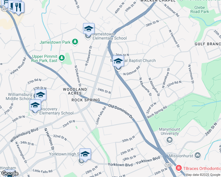 map of restaurants, bars, coffee shops, grocery stores, and more near 4900 34th Road North in Arlington