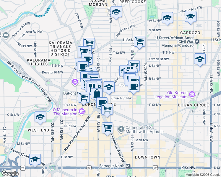 map of restaurants, bars, coffee shops, grocery stores, and more near 18th St NW & New Hampshire Ave NW in Washington