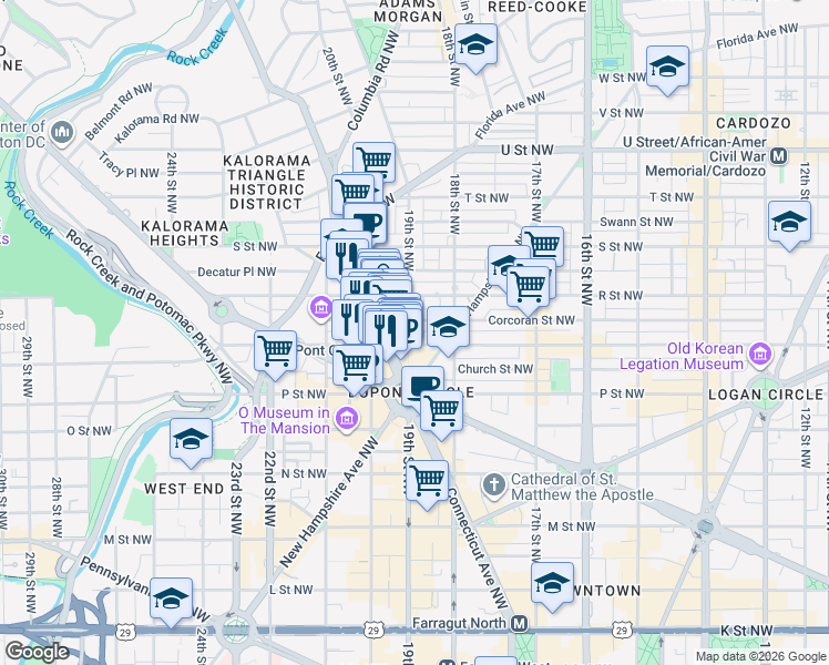 map of restaurants, bars, coffee shops, grocery stores, and more near 1611 19th Street Northwest in Washington
