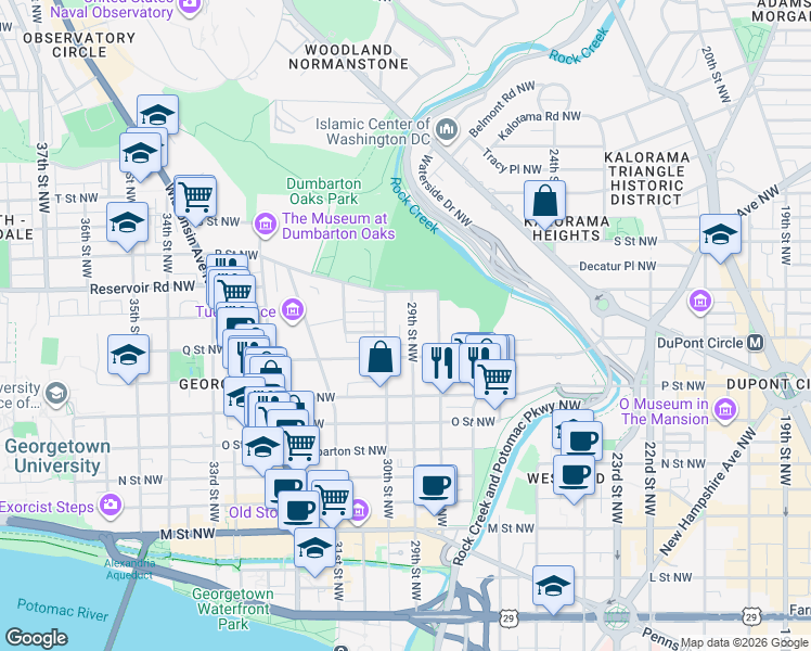 map of restaurants, bars, coffee shops, grocery stores, and more near 1626 29th Street Northwest in Washington