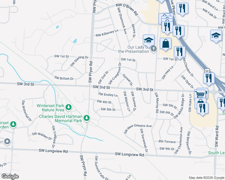 map of restaurants, bars, coffee shops, grocery stores, and more near 1903 Southwest 3rd Street in Lee's Summit