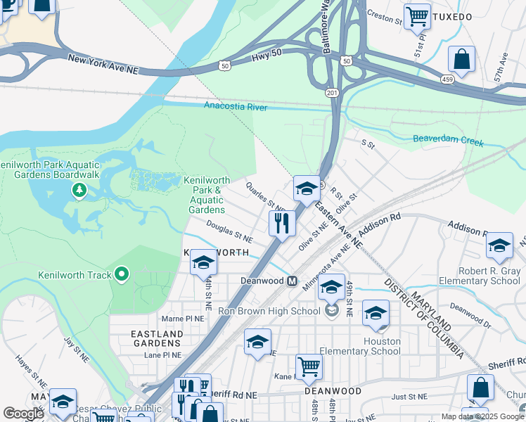 map of restaurants, bars, coffee shops, grocery stores, and more near 1559 45th Street Northeast in Washington