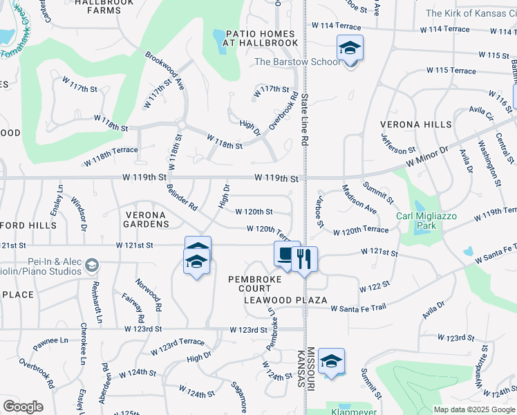 map of restaurants, bars, coffee shops, grocery stores, and more near 2118 W 120th St in Leawood