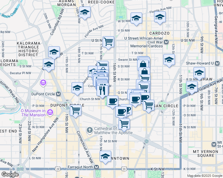 map of restaurants, bars, coffee shops, grocery stores, and more near 1600 16th Street Northwest in Washington