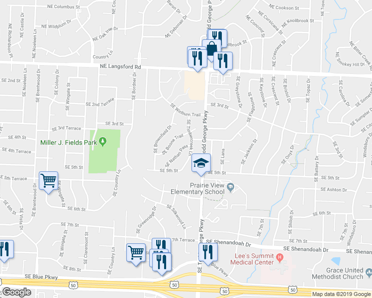 map of restaurants, bars, coffee shops, grocery stores, and more near 409 Southeast Nathan Pass in Lee's Summit