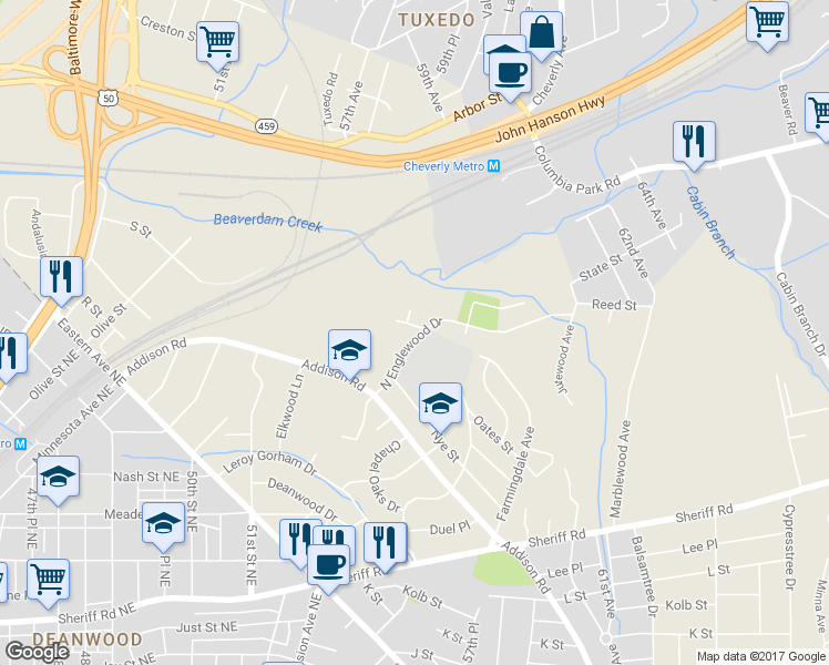 map of restaurants, bars, coffee shops, grocery stores, and more near 5026 North Englewood Drive in Capitol Heights