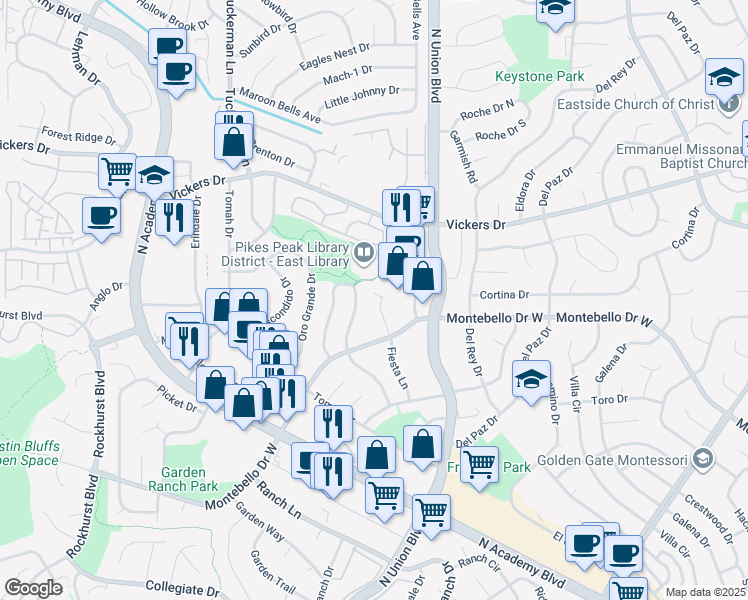map of restaurants, bars, coffee shops, grocery stores, and more near 5520 Fiesta Lane in Colorado Springs