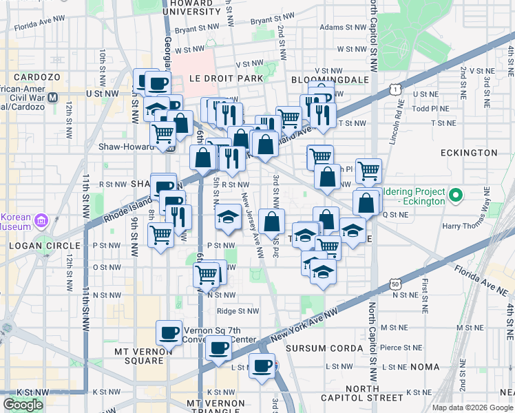 map of restaurants, bars, coffee shops, grocery stores, and more near 101 Independence Avenue Southeast in Washington