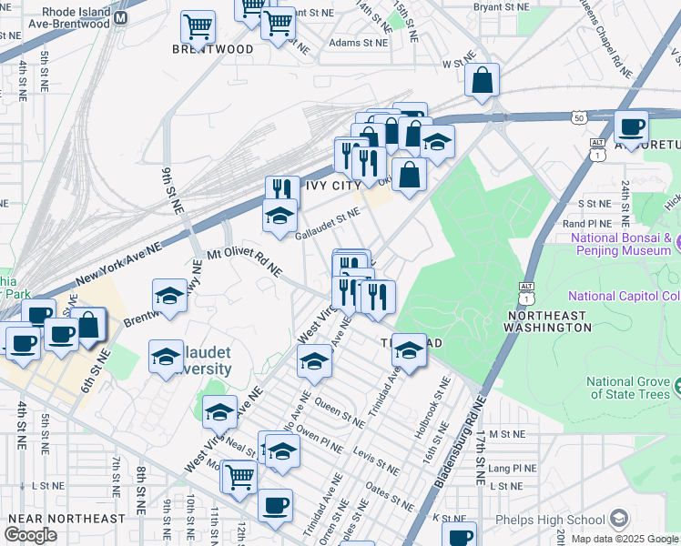 map of restaurants, bars, coffee shops, grocery stores, and more near 101 Independence Avenue Southeast in Washington