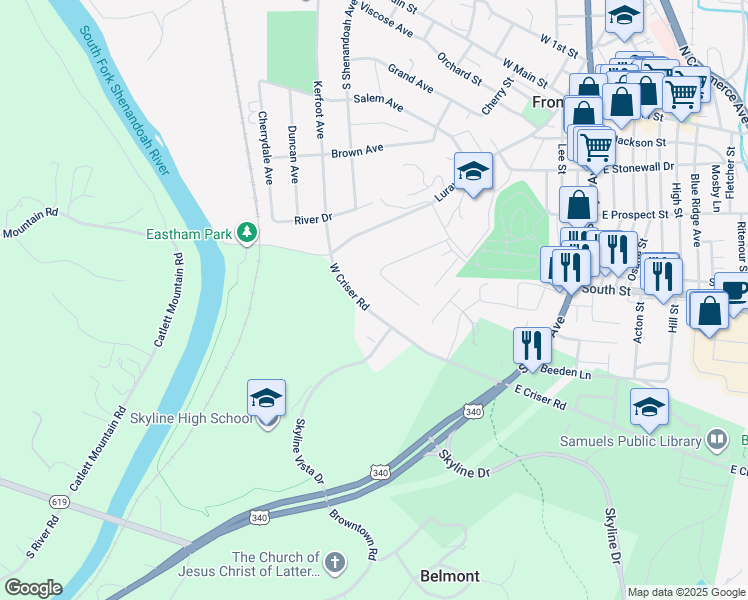 map of restaurants, bars, coffee shops, grocery stores, and more near 240 West Criser Road in Front Royal