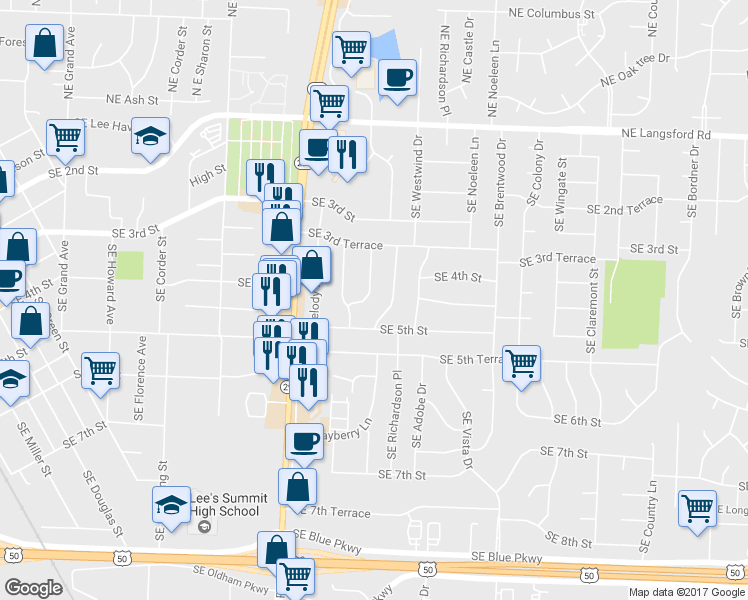 map of restaurants, bars, coffee shops, grocery stores, and more near 323 Southeast Ridgeview Drive in Lee's Summit