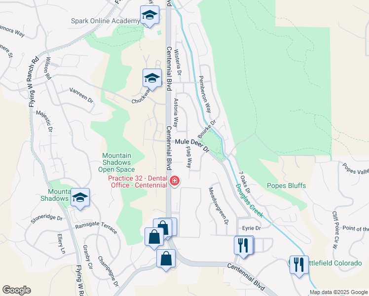 map of restaurants, bars, coffee shops, grocery stores, and more near 5580 Flag Way in Colorado Springs
