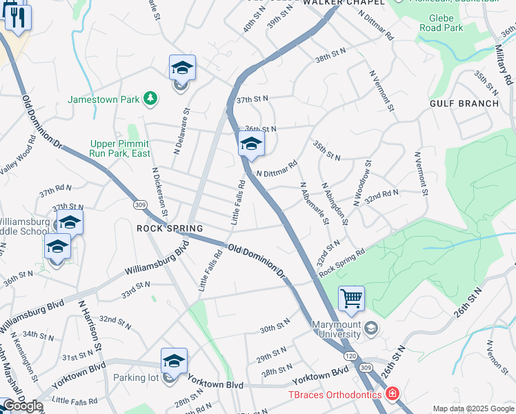 map of restaurants, bars, coffee shops, grocery stores, and more near 3413 North Buchanan Street in Arlington