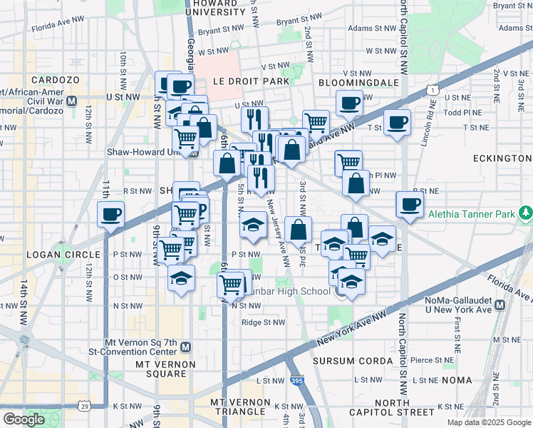map of restaurants, bars, coffee shops, grocery stores, and more near 1614 New Jersey Avenue Northwest in Washington