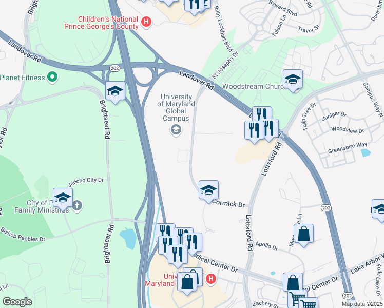 map of restaurants, bars, coffee shops, grocery stores, and more near 1616 McCormick Drive in Largo