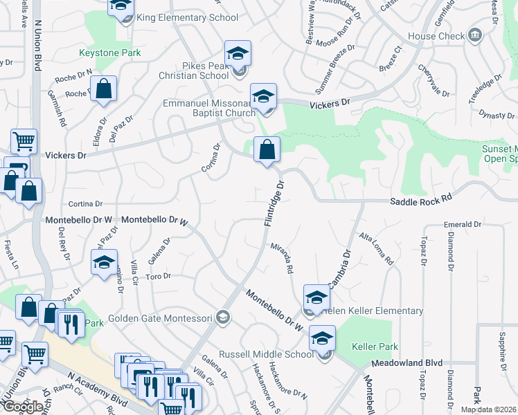map of restaurants, bars, coffee shops, grocery stores, and more near 3555 Brushwood Lane in Colorado Springs