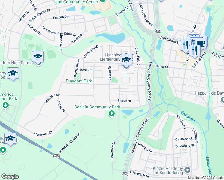 map of restaurants, bars, coffee shops, grocery stores, and more near 42747 Stadler Lane in Chantilly