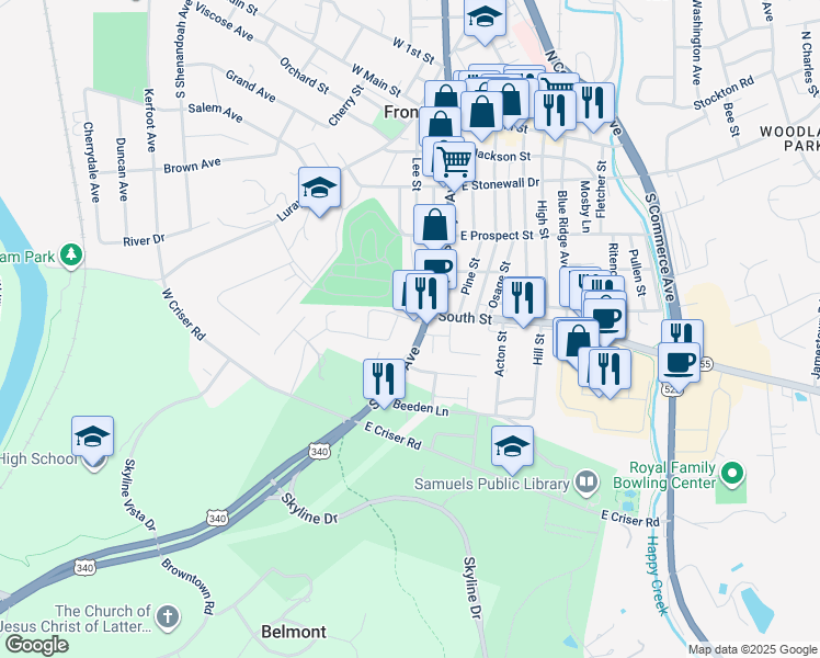map of restaurants, bars, coffee shops, grocery stores, and more near 511 South Royal Avenue in Front Royal