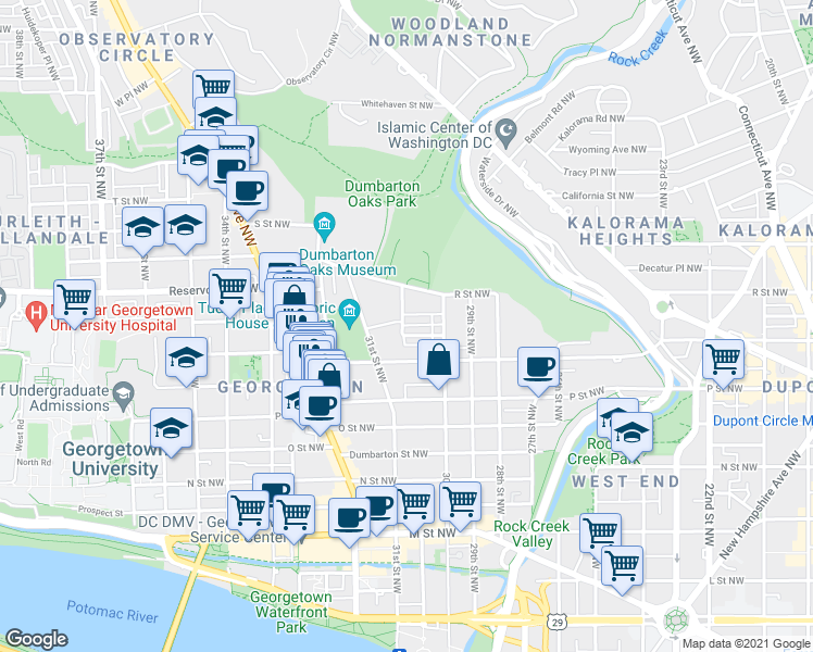 map of restaurants, bars, coffee shops, grocery stores, and more near 1625 Avon Place Northwest in Washington