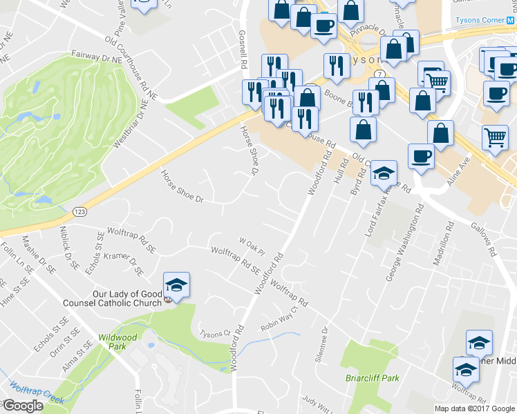 map of restaurants, bars, coffee shops, grocery stores, and more near 8505 Capo Court in Vienna