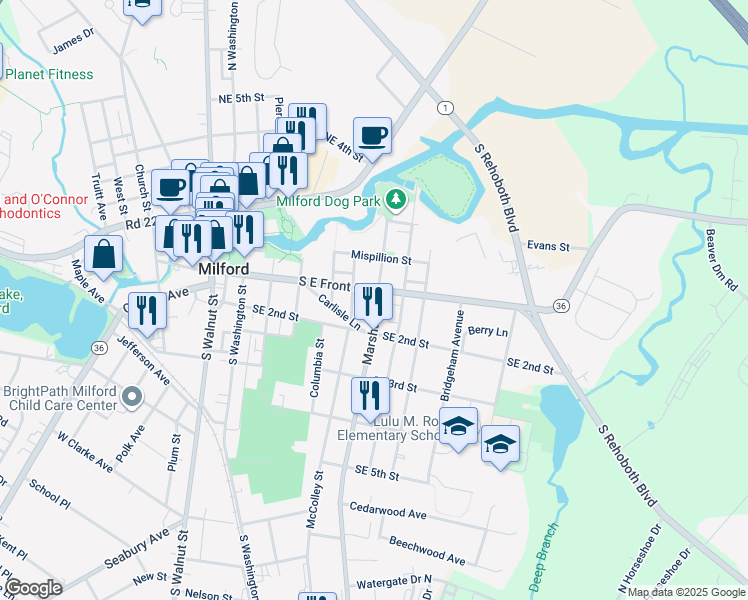 map of restaurants, bars, coffee shops, grocery stores, and more near 106 Marshall Street in Milford