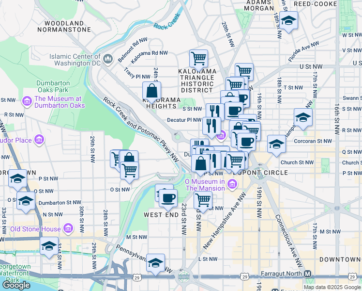 map of restaurants, bars, coffee shops, grocery stores, and more near 1607 23rd Street Northwest in Washington