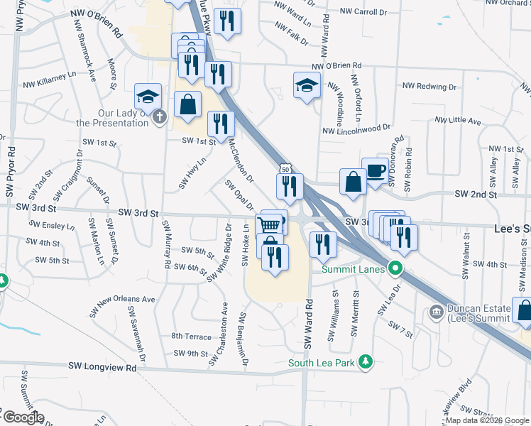 map of restaurants, bars, coffee shops, grocery stores, and more near 1202 Southwest 3rd Street in Lee's Summit