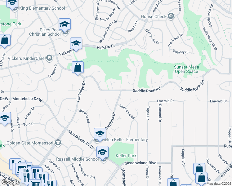 map of restaurants, bars, coffee shops, grocery stores, and more near 3775 Saddle Rock Road in Colorado Springs