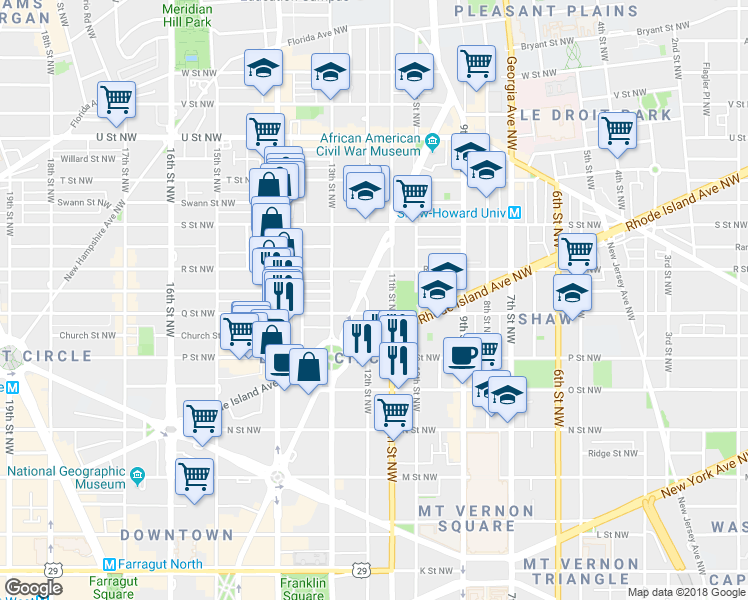 map of restaurants, bars, coffee shops, grocery stores, and more near 1611 12th Street Northwest in Washington
