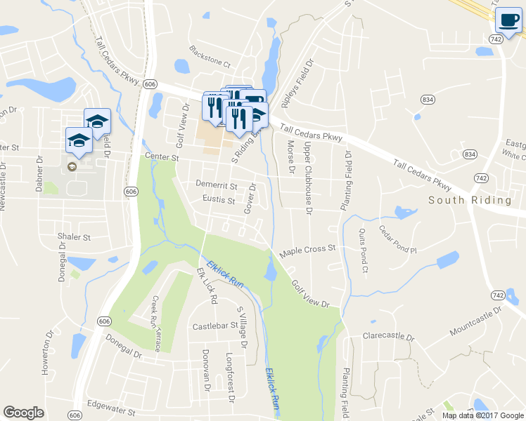 map of restaurants, bars, coffee shops, grocery stores, and more near 25532 Cunard Alley in South Riding