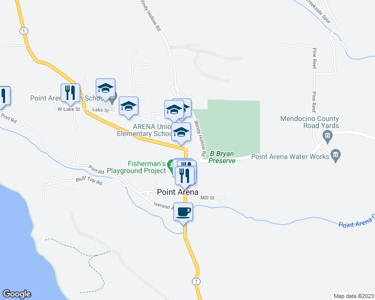 map of restaurants, bars, coffee shops, grocery stores, and more near 10 Scott Place in Point Arena