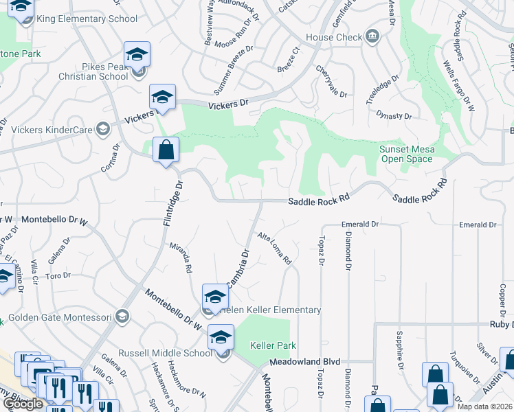 map of restaurants, bars, coffee shops, grocery stores, and more near 3775 Saddle Rock Road in Colorado Springs