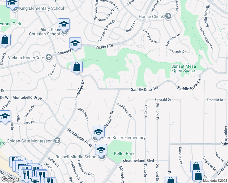 map of restaurants, bars, coffee shops, grocery stores, and more near 3775 Saddle Rock Road in Colorado Springs