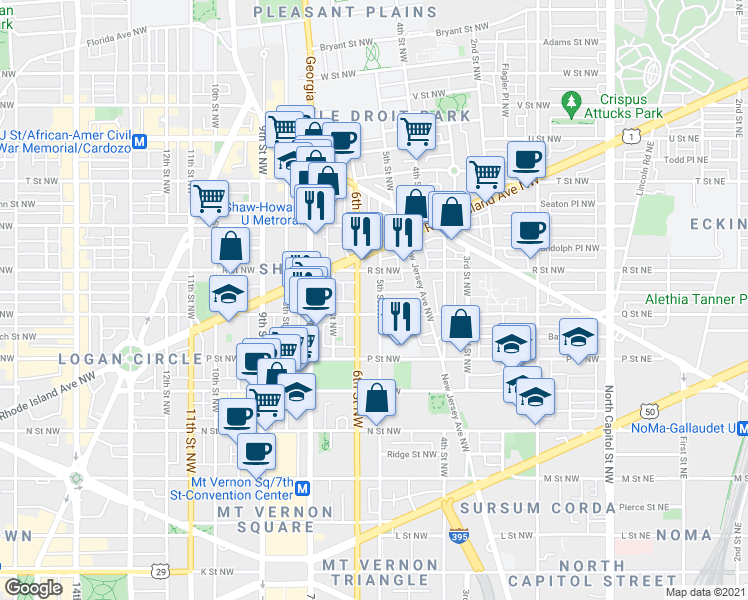 map of restaurants, bars, coffee shops, grocery stores, and more near 101 Independence Avenue Southeast in Washington