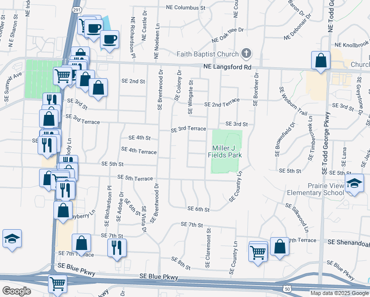 map of restaurants, bars, coffee shops, grocery stores, and more near 404 Southeast Wingate Street in Lee's Summit