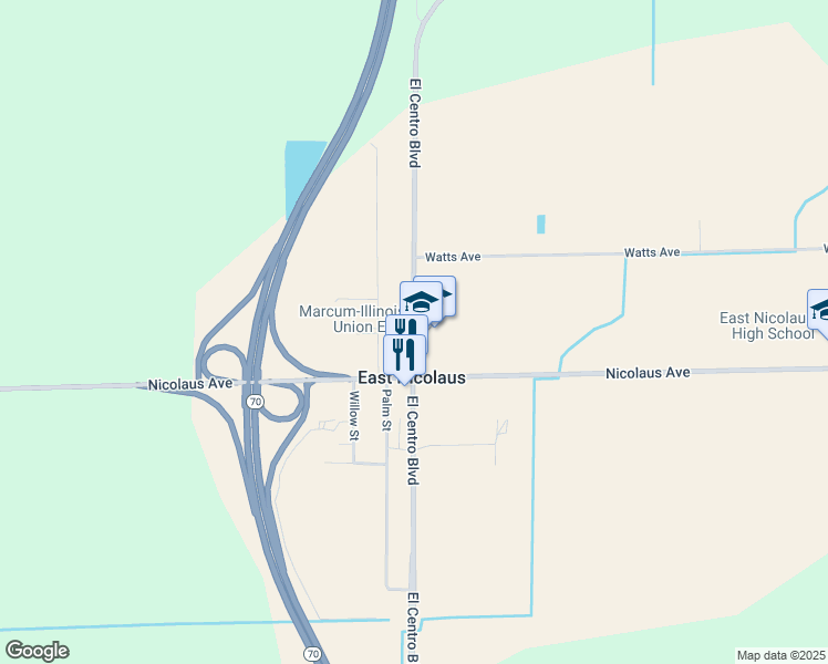 map of restaurants, bars, coffee shops, grocery stores, and more near 2452 El Centro Boulevard in Nicolaus