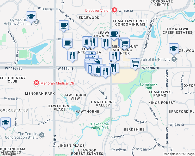 map of restaurants, bars, coffee shops, grocery stores, and more near 5029 West 119th Terrace in Overland Park