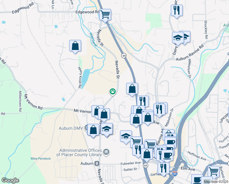 map of restaurants, bars, coffee shops, grocery stores, and more near 435 Nevada Street in Auburn